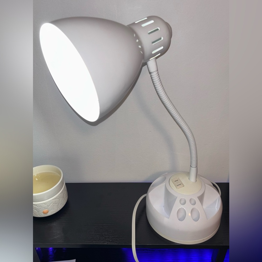White Adjustable Gooseneck Desk Lamp With Rotating Organizer & Outlet